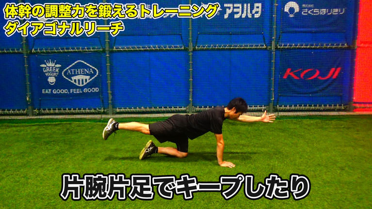 そこから腕と反対側の脚を伸ばして、バランスを保つようにキープします