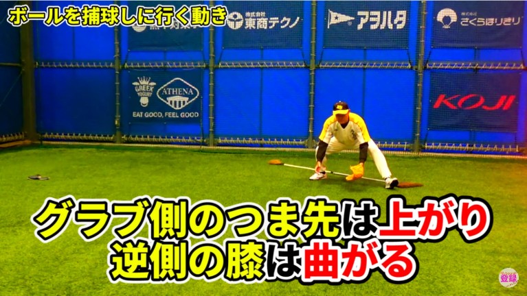グラブ側（左足）のつま先は上り、逆側(右足)の膝は曲がっていることが必要です。