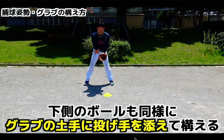 グラブの土手の近くに投げ手を添えておくことで、素早く握りかえる準備をする