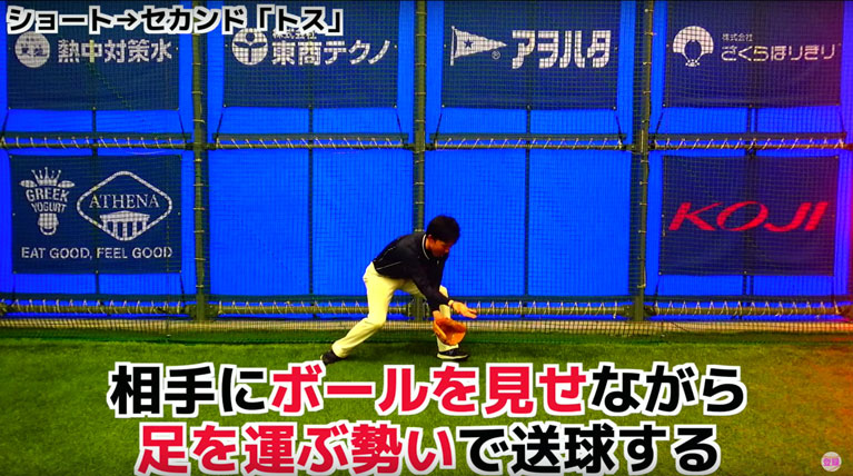 相手にボールを見せながら、足を運ぶ勢いで送球する