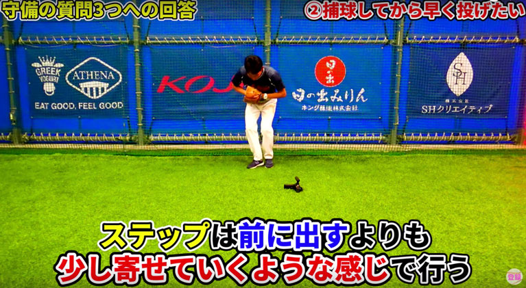 捕球後に軸足を素早くステップ足側に寄せる