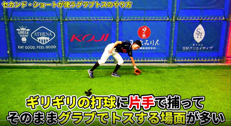 グラブトスは、セカンドかショートが二塁ベースよりの打球を片手で捕ってそのまま二塁ベースへグラブでトスする