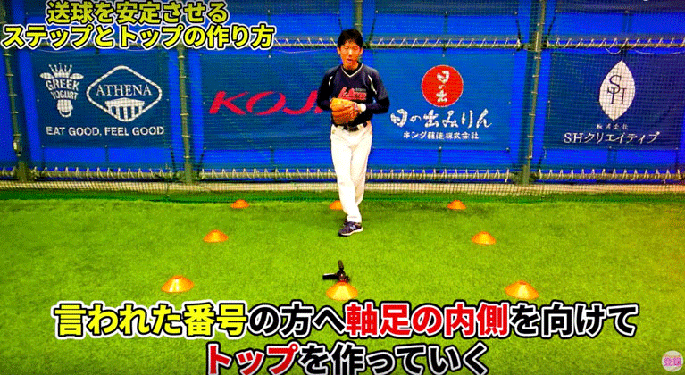 ステップ足とステップ足側の肩・肘もそのコーンに向かってまっすぐ出した画像