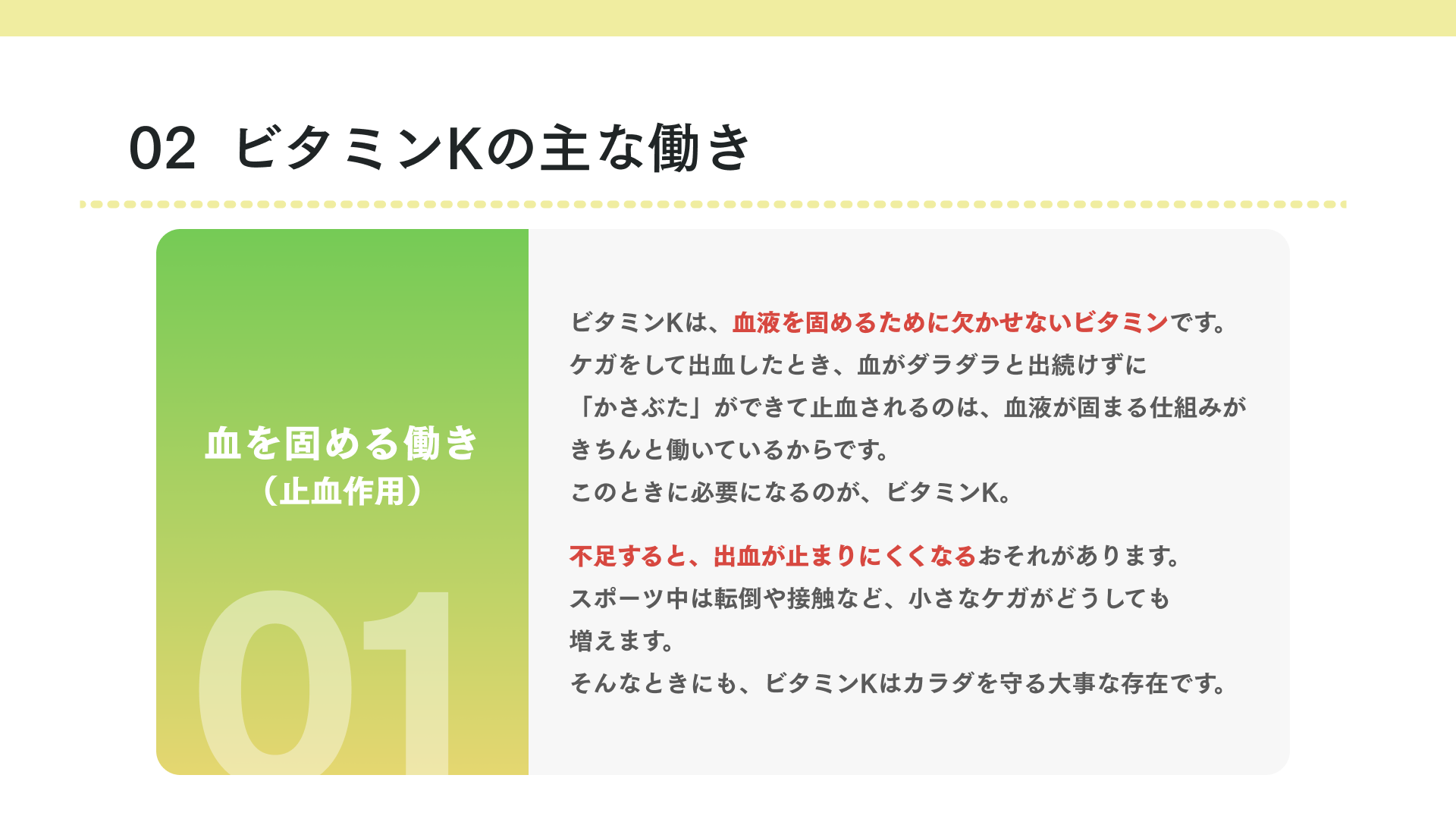 タイトル 血液を固める働き（止血作用）